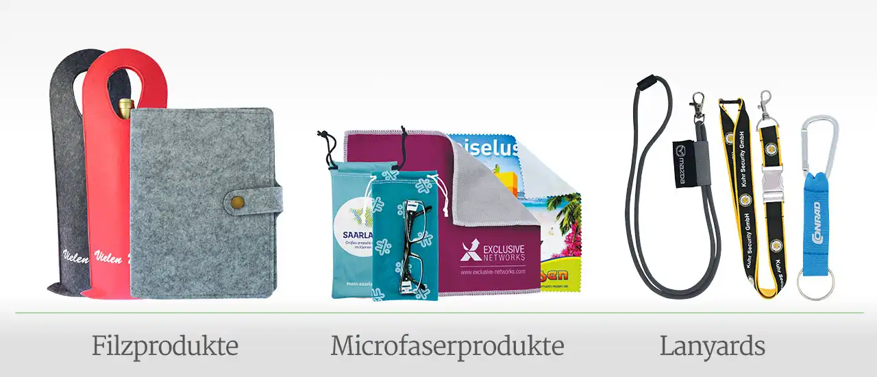Pins & Mehr Produkte Filzprodukte Microfaserprodukte Mikrofaserbeutel Brillenputztücher Lanyards
